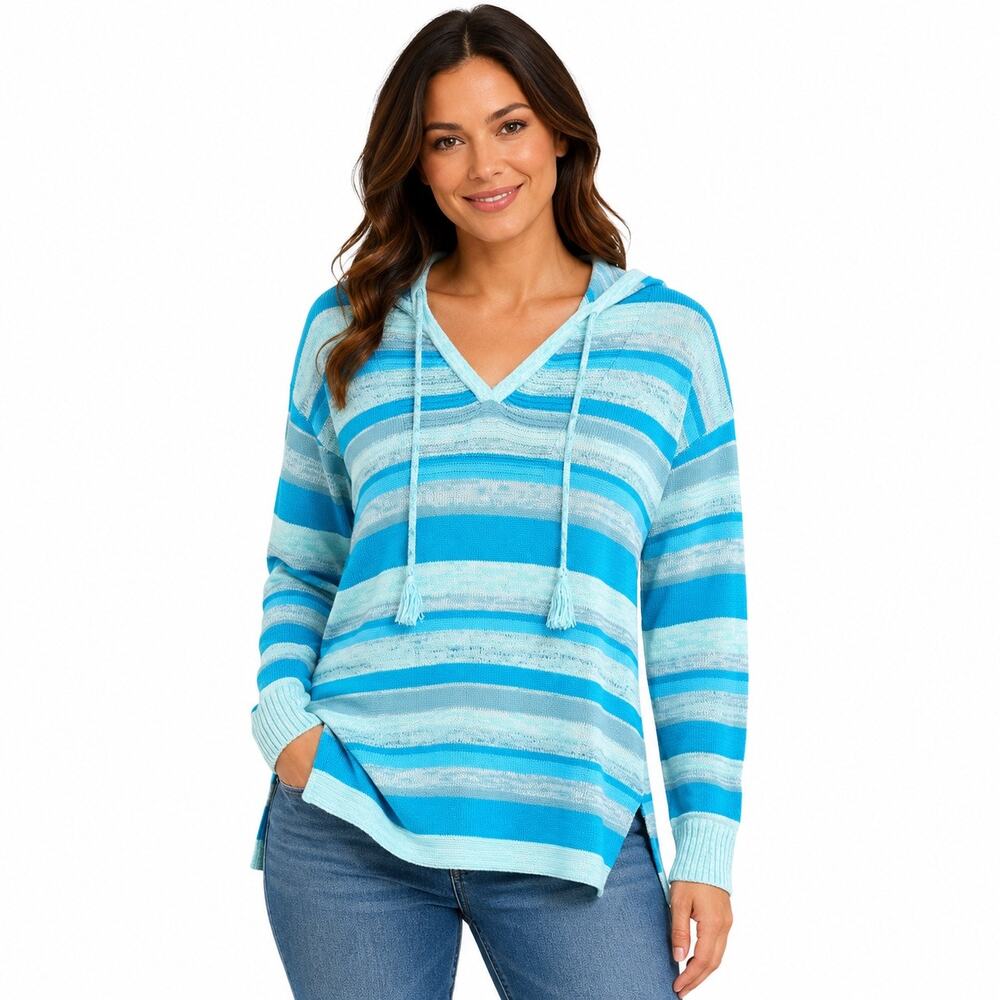 Bridgehampton Isaac Mizrahi Women's Striped Hooded Sweater Medium Blue Aqua
